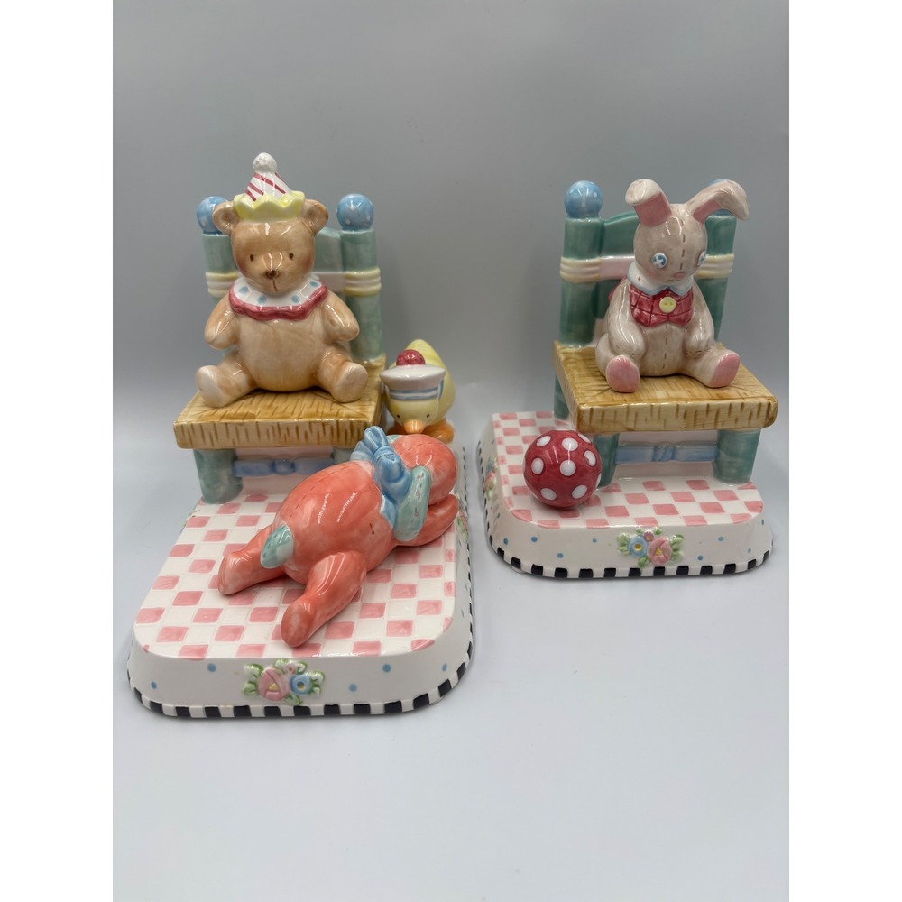 vintage Mary Engelbreit ceramic bookends, featuring a bear and rabbit